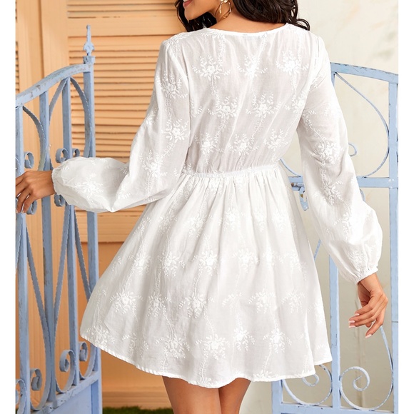White Embroidered Bubble Sleeve Fit & Flare Dress - Picture 2 of 6